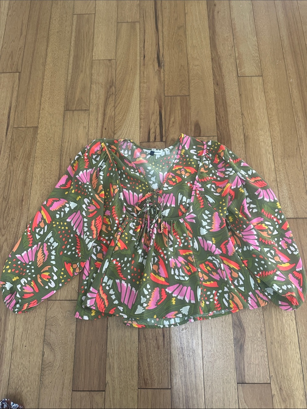 Olive Floral Tie-Front Peasant Blouse with Pink & Orange Accents